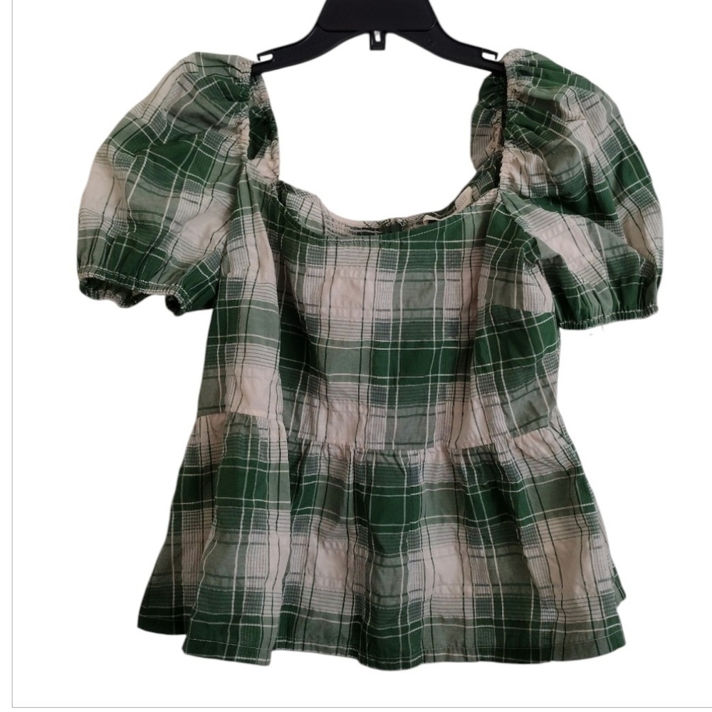Hansel From Basel Green Monet Plaid Top With Puff Sleeves Size 3